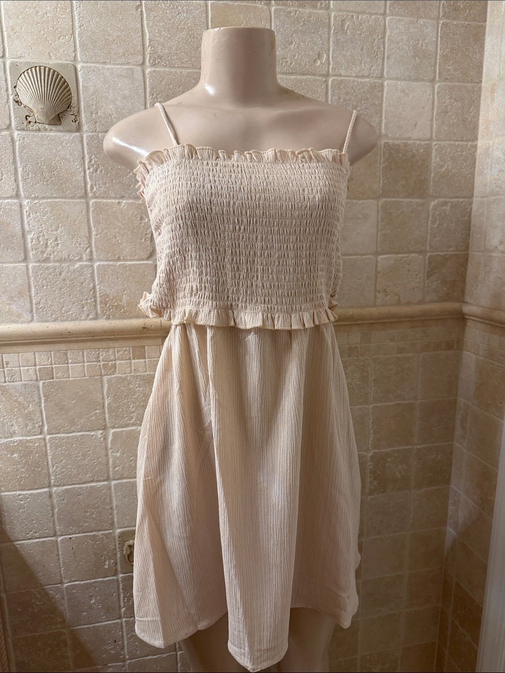 Beige Smocked Cutout Two-Piece Dress